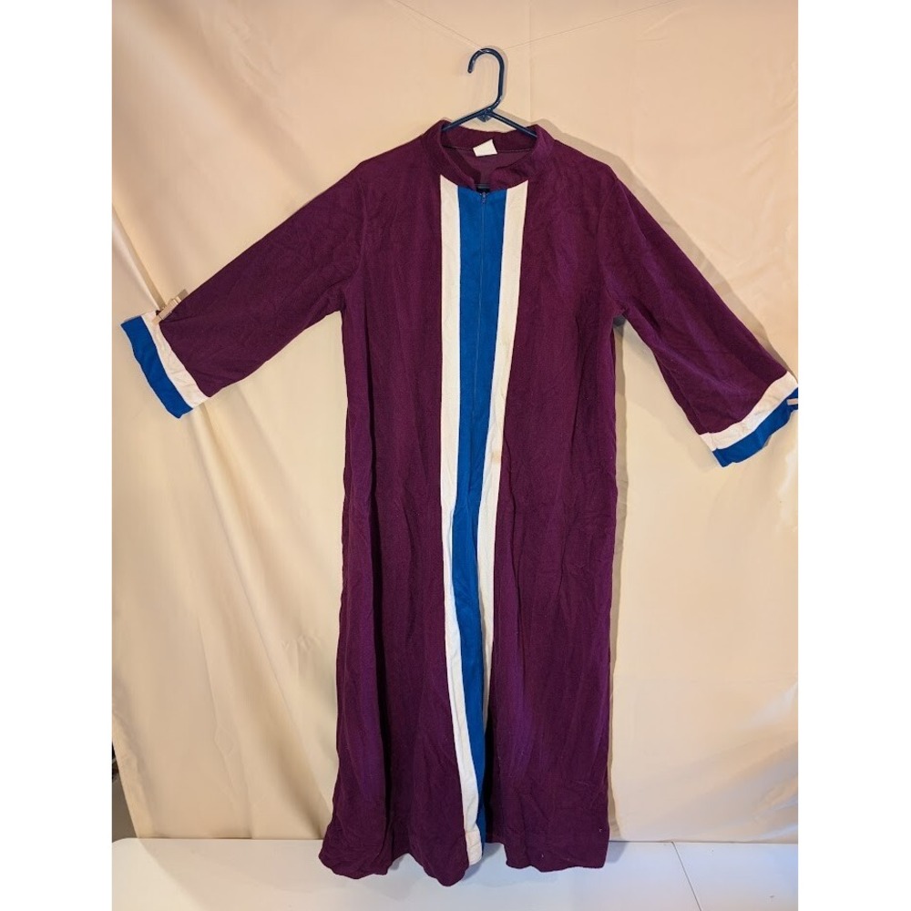 Vintage Purple Zip Robe L 18 Arnel Nylon Blue White Trim Long Sleeve 70s - Picture 1 of 3